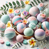 A visually appealing blog photo featuring colorful bath bombs and shower steamers on a clean, white background. The bath bombs are in soft pastel